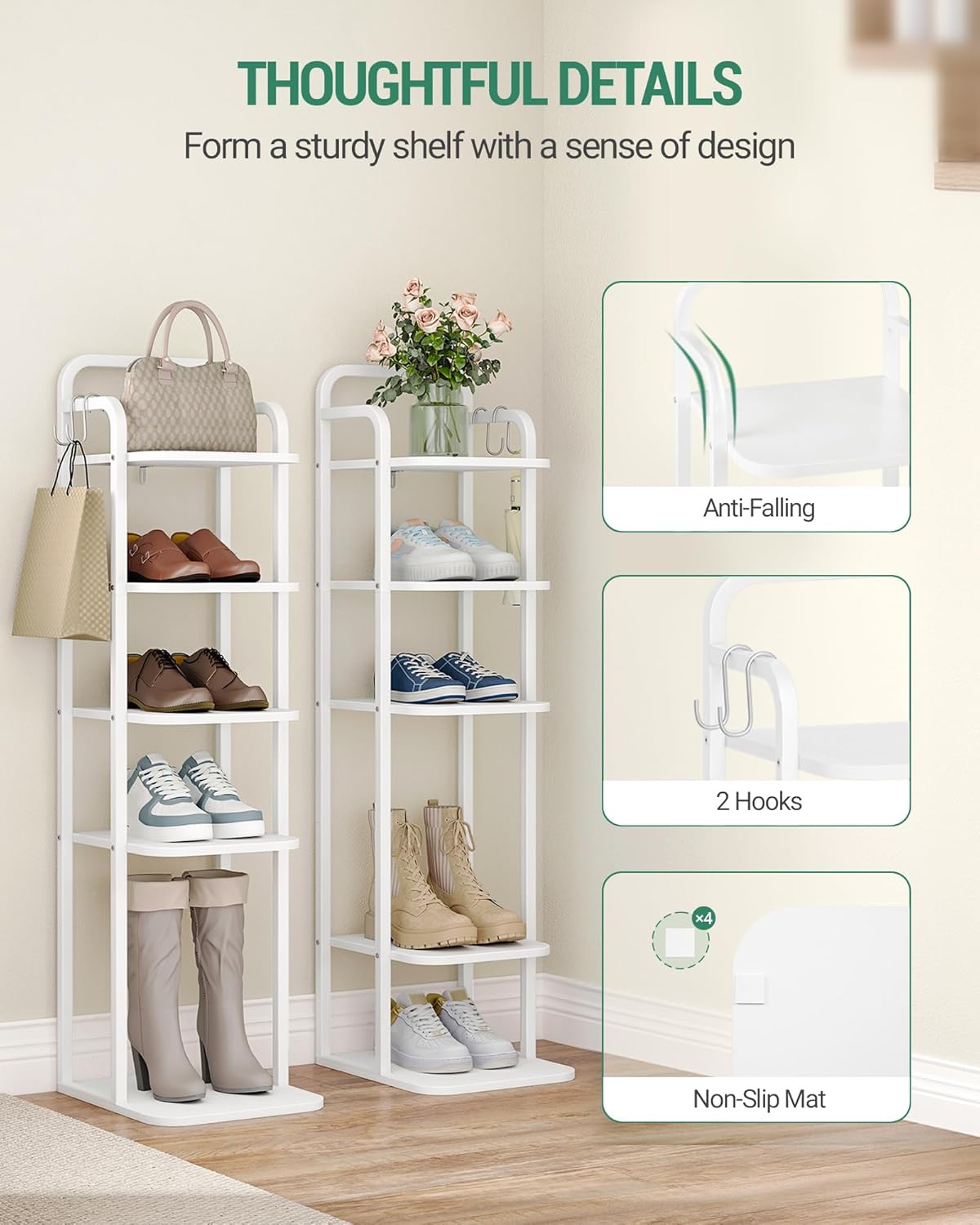6 Tiers Vertical Shoe Rack Narrow Design Adjustable Shelves Corner Organizer for Small Spaces White SR04213W