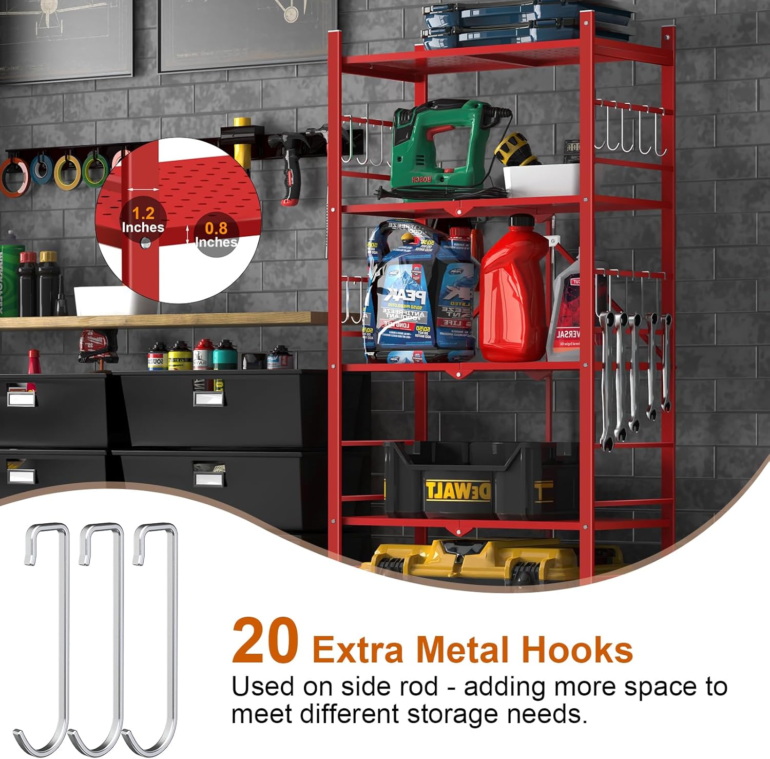Himix 5-Tier Foldable Storage Shelves with 20 Hooks Red