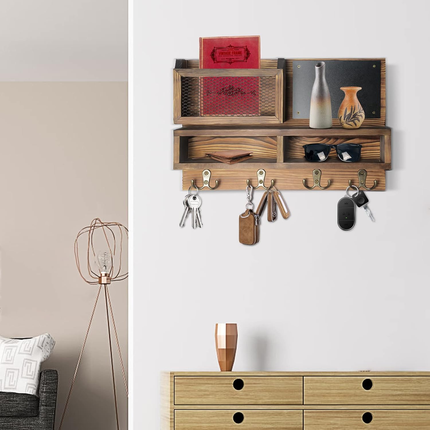 WEWEOW Key Holder Wall Mount with 4 Hooks and Chalkboard