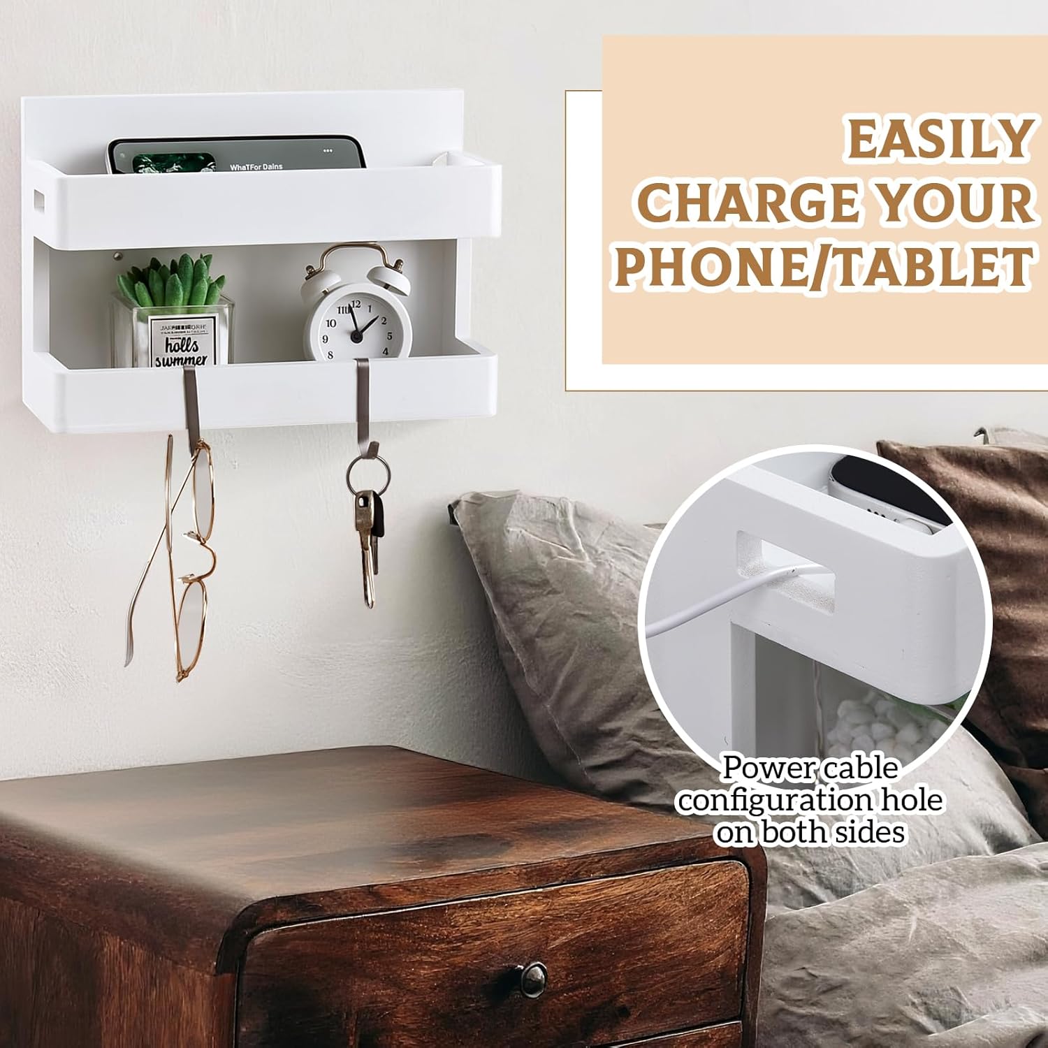 Pinkunn Wall Mounted Wooden Bedside Shelf with Hooks