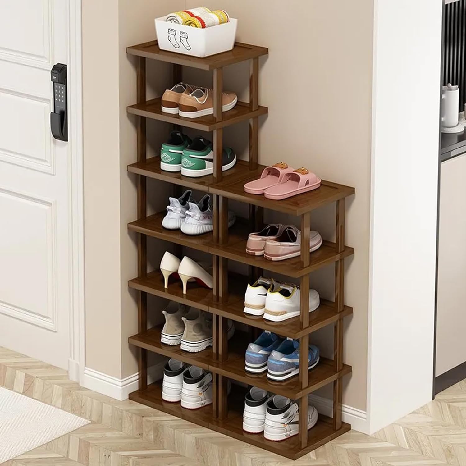Vertical Bamboo Shoe Rack with 7 Tiers for Small Spaces