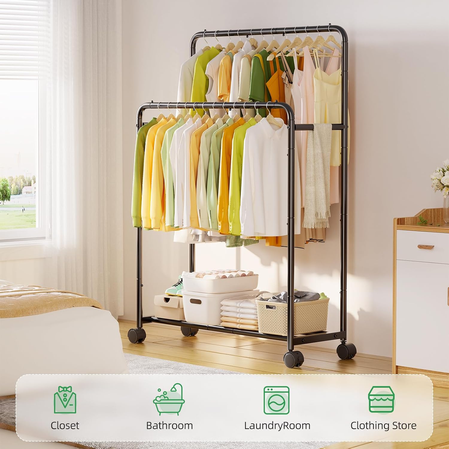 Simple Trending Double Rod Garment Rack with Wheels Black