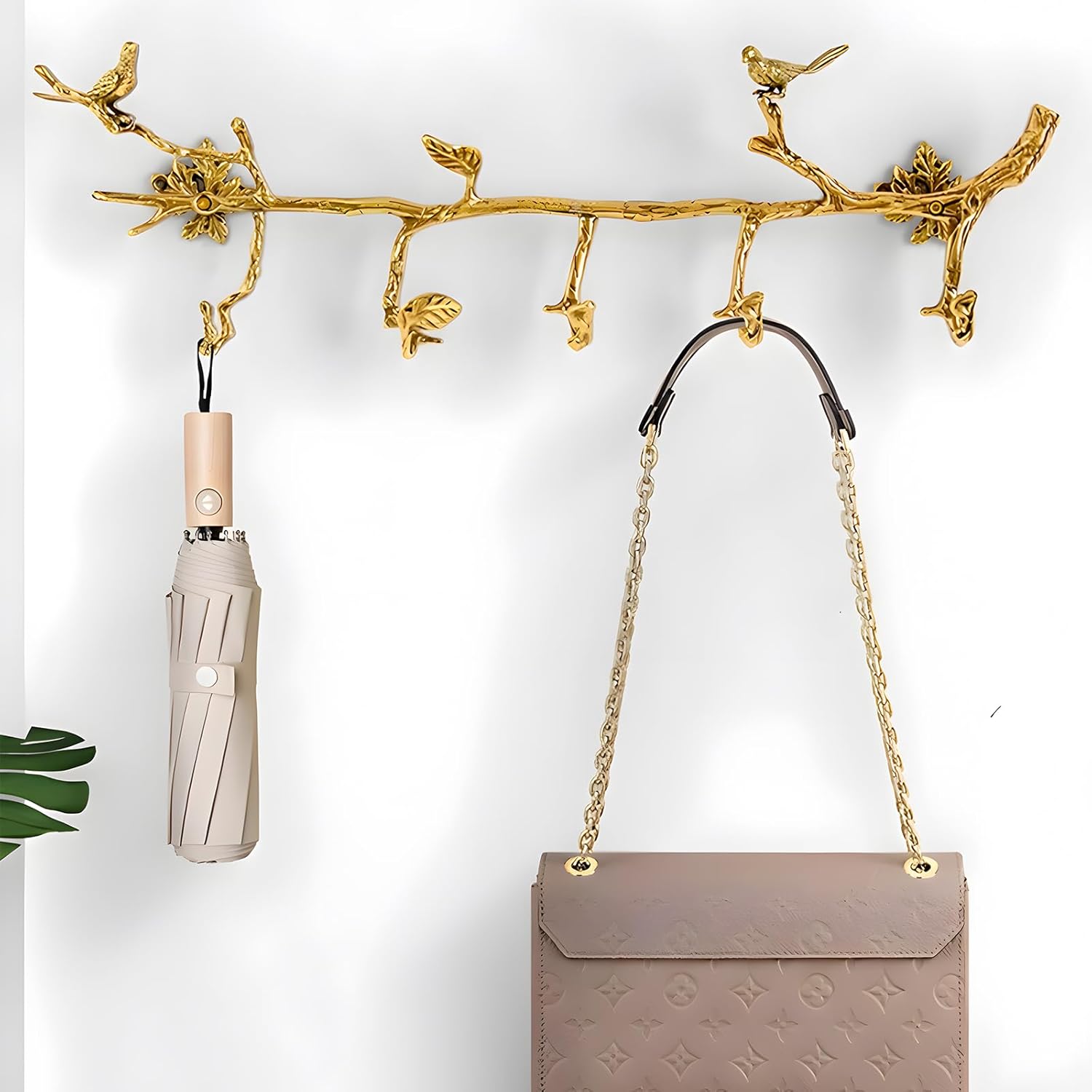 Brass Wall Mounted Hanger with 6 Hooks and Bird Decor