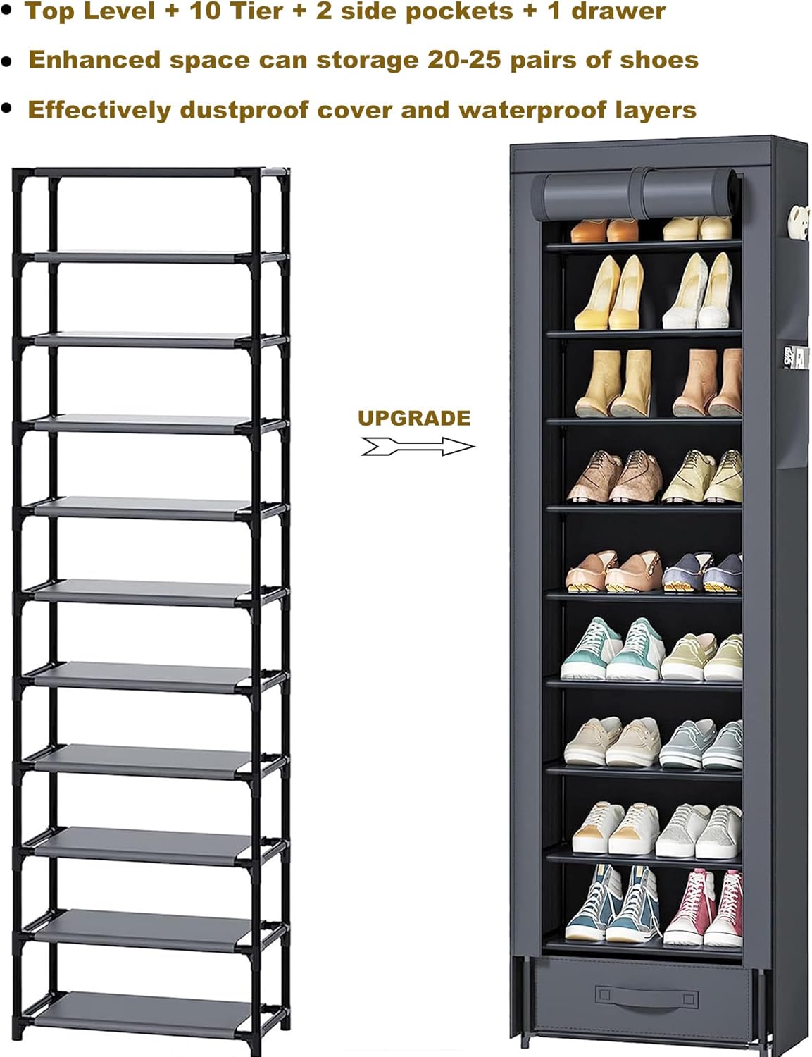 10 Tier Tall Narrow Shoe Rack with Dustproof Cover Storage Organizer