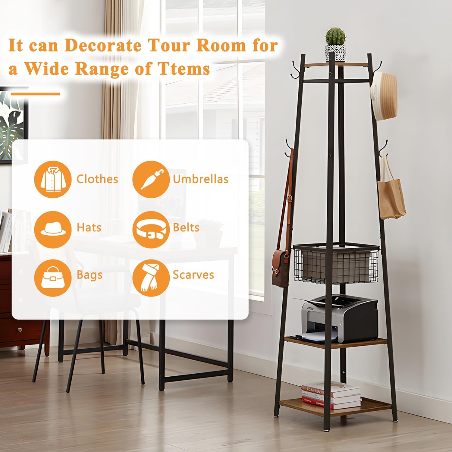 VECELO Freestanding Coat Rack with Metal Basket and Shelves