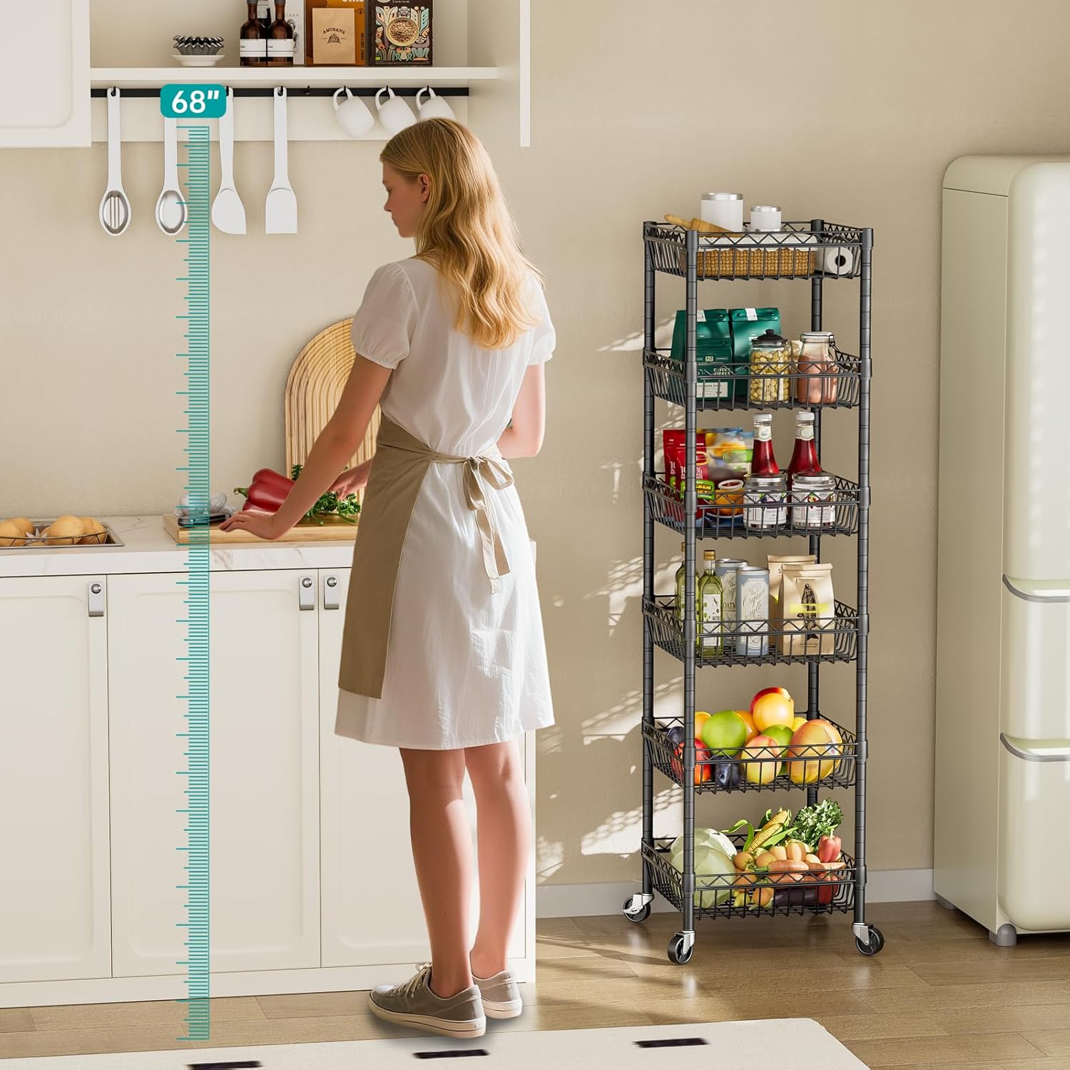 SINGAYE 6 Tier Adjustable Wire Shelf with Wheels Black