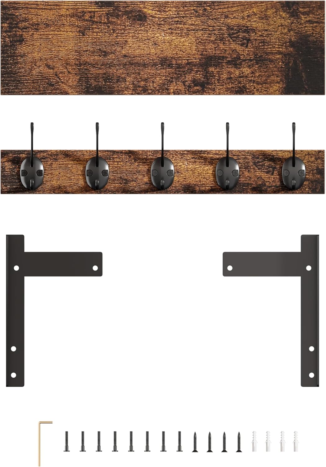 Wall Hooks with Shelf Wood Coat Rack with 5 Metal Hooks