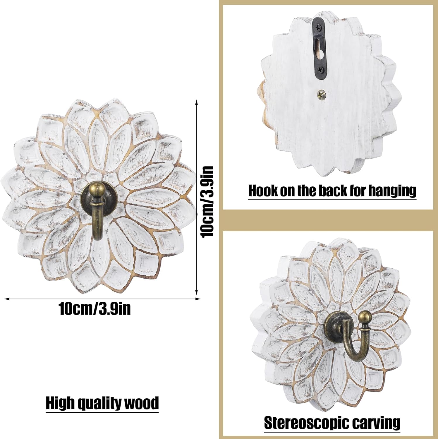 Weysat 3 Pcs Decorative Wood Farmhouse Coat Hooks White Vintage Wall Hooks with Screws for Key Towel