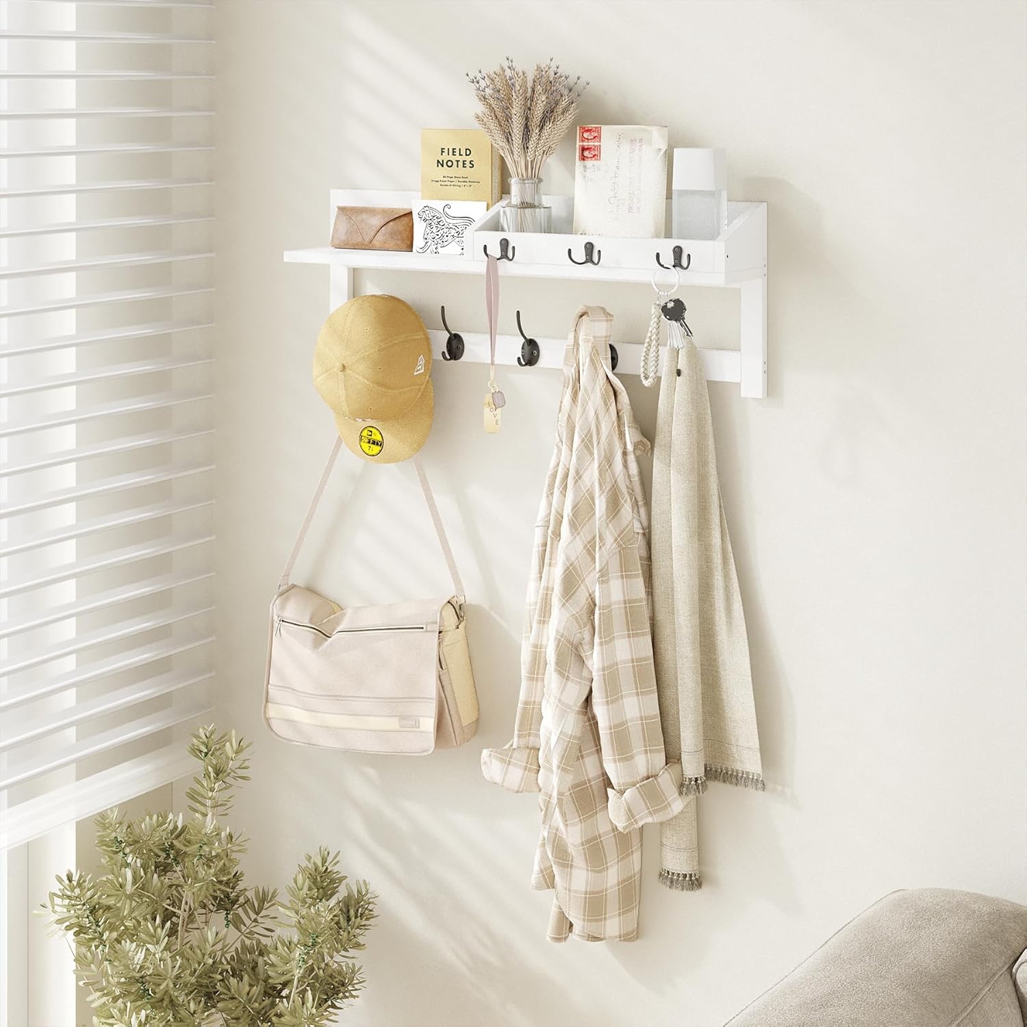 AMBIRD 2657 Inch Wall Shelf With 5 Dual Hooks And 3 Key Hooks