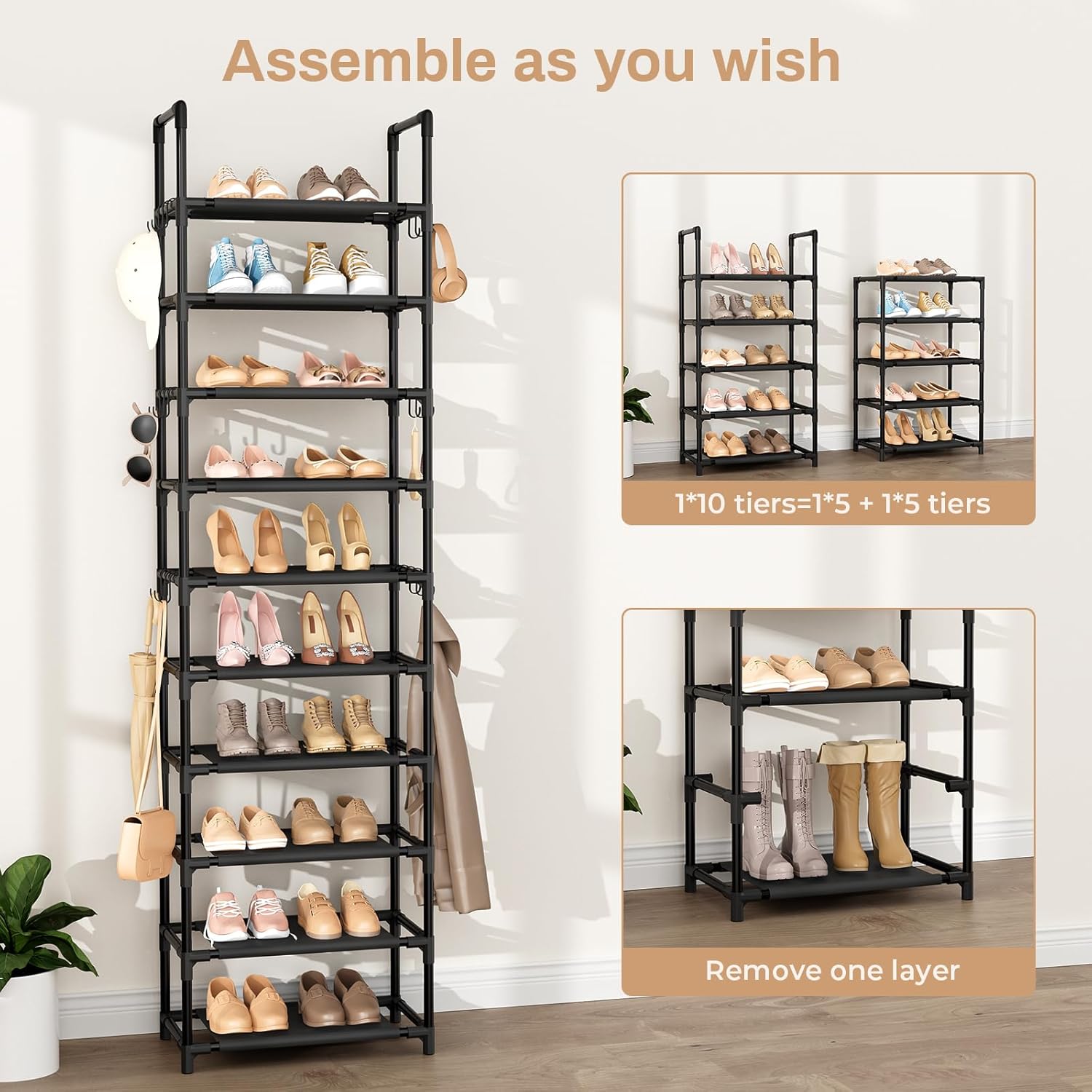 VTRIN 10 Tier Tall Shoe Rack with 18 Hooks