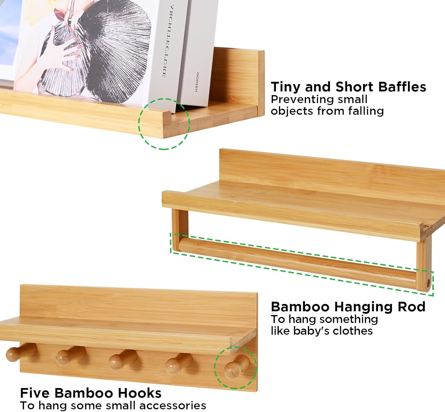 Ollieroo Set of Four Floating Bamboo Book Shelves for Kids Room Wall Mount Natural