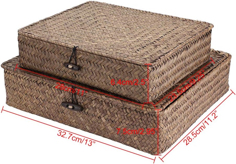 Hipiwe Set of 2 Flat Woven Seagrass Storage Bins with Lid