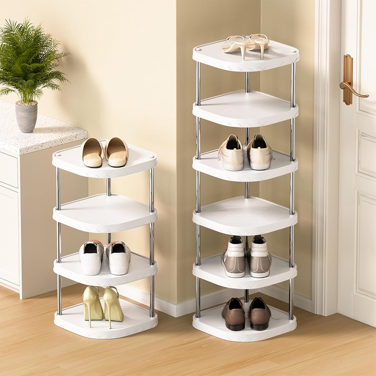 6 Tier Adjustable Free Standing Shoe Rack Durable Corner Storage for Entryway Bedroom Living Room Kitchen Bathroom Beige