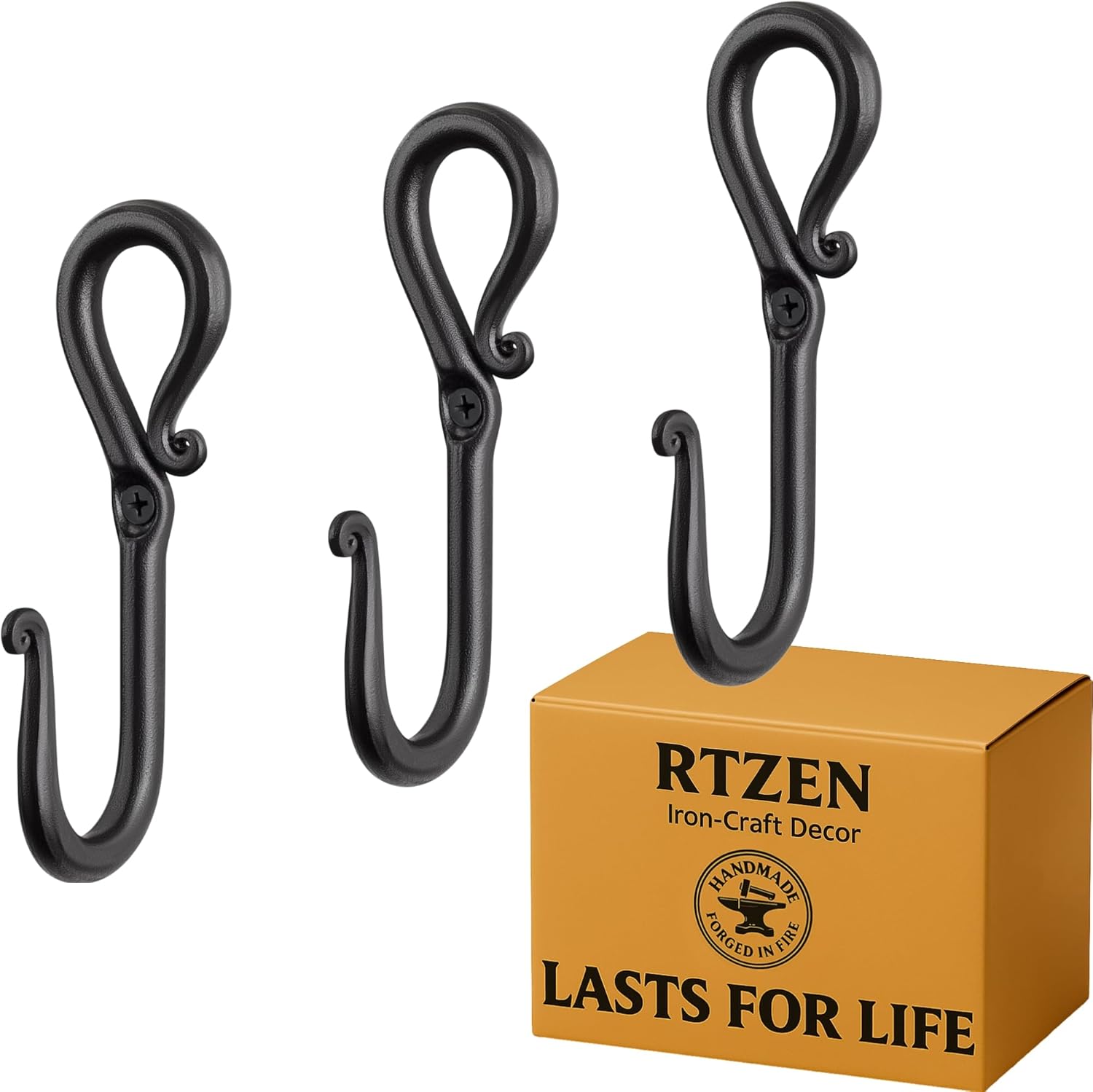 RTZEN Wall Mount Hook Set - 3 Pack Wrought Iron Hooks 1