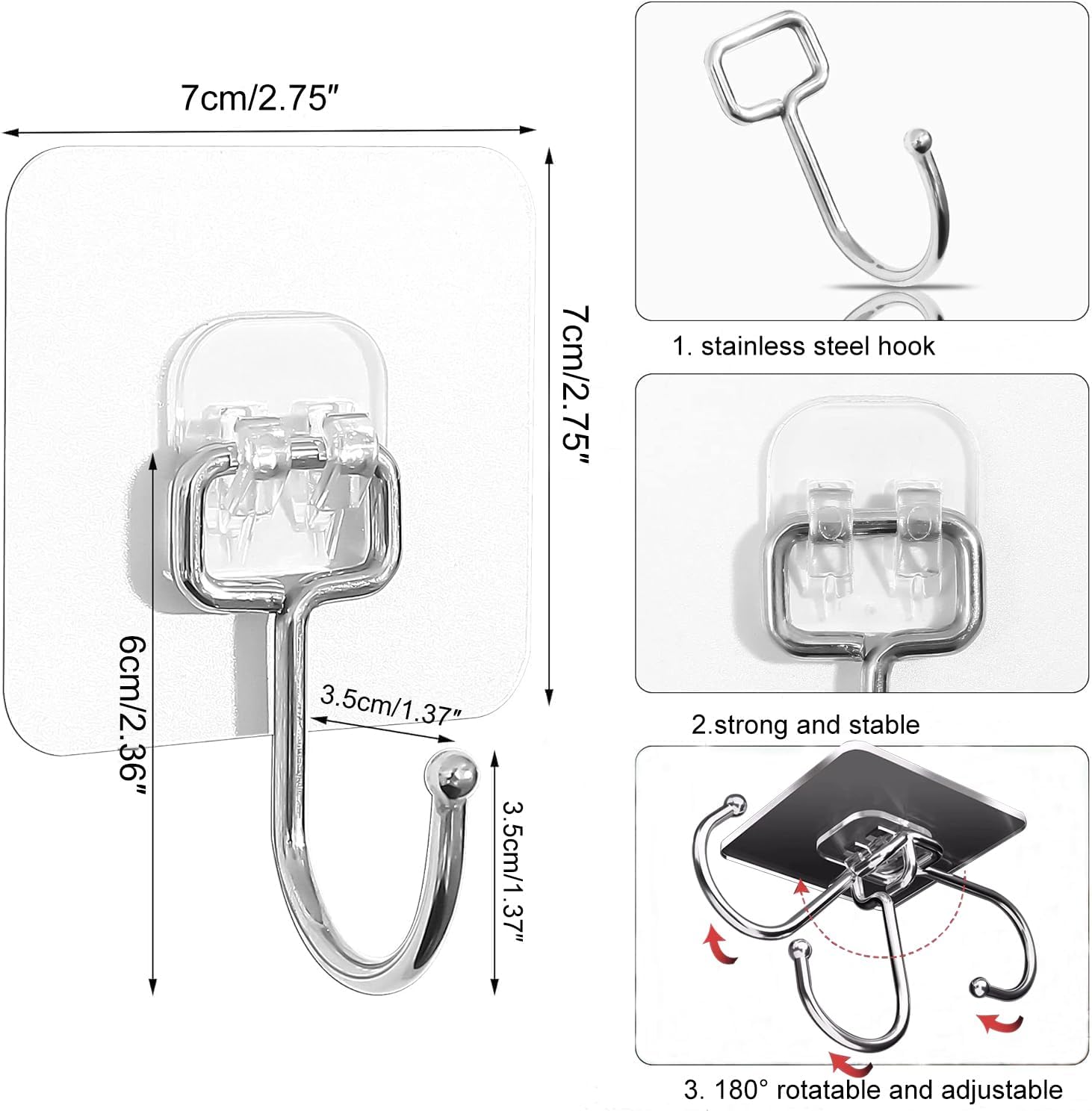 10 Pack Ultra Strong 60 lb Transparent Self-Adhesive Wall Hooks