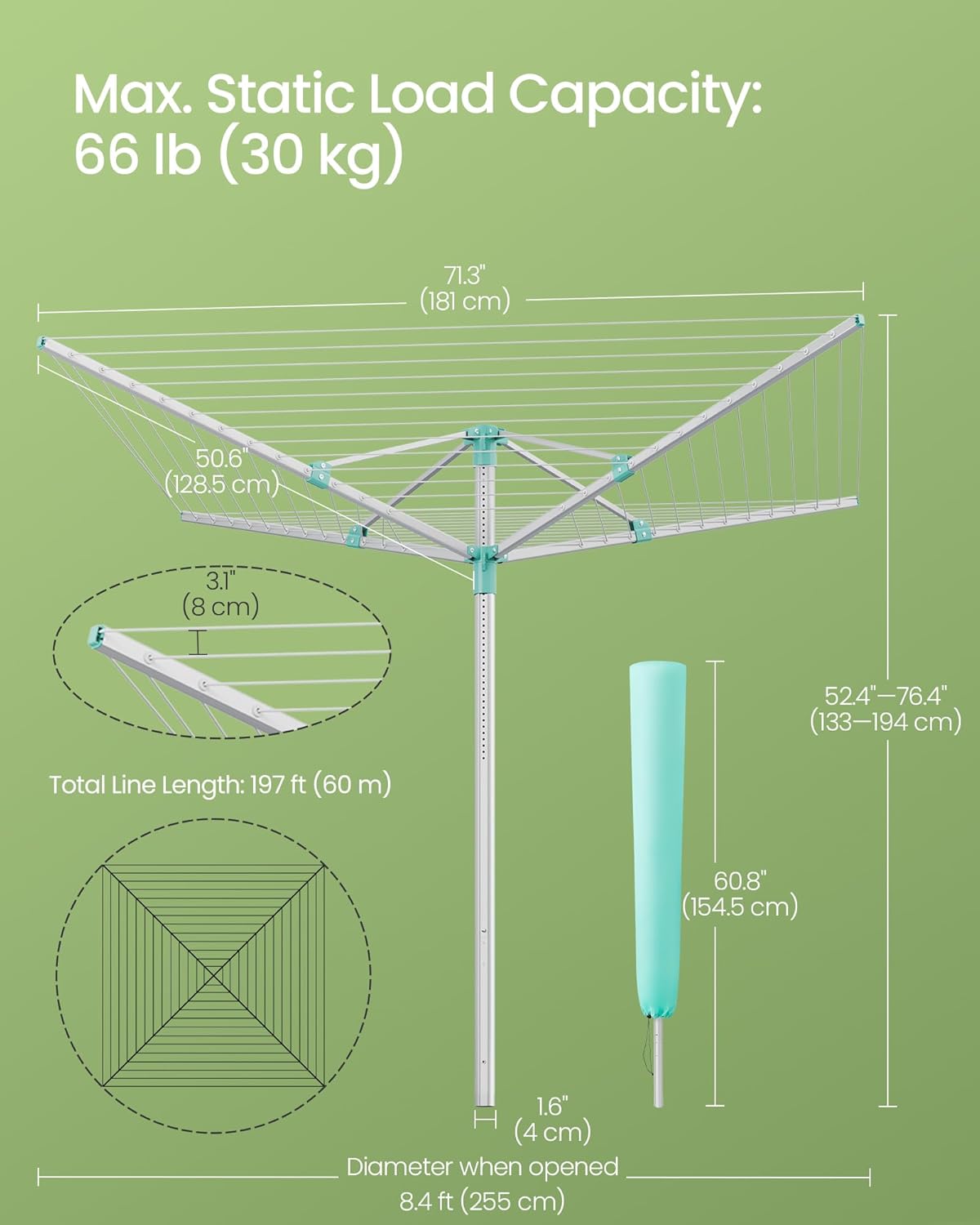 SONGMICS Retractable Clothesline Drying Rack with Ground Spike and Cover