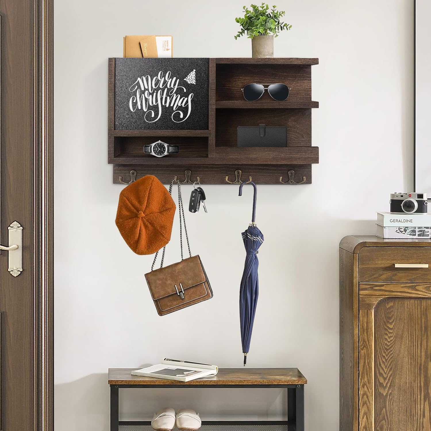 WEWEOW Key Holder for Wall with Chalkboard and Mirror