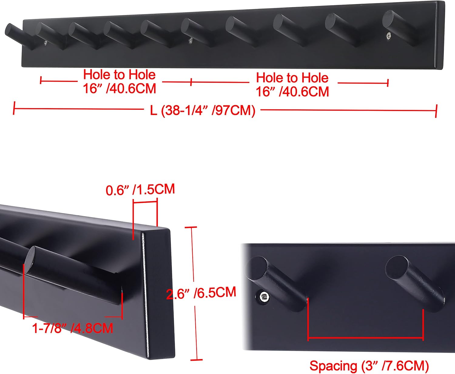 Dseap Wall Coat Rack with 10 Peg Hooks - Heavy Duty Black