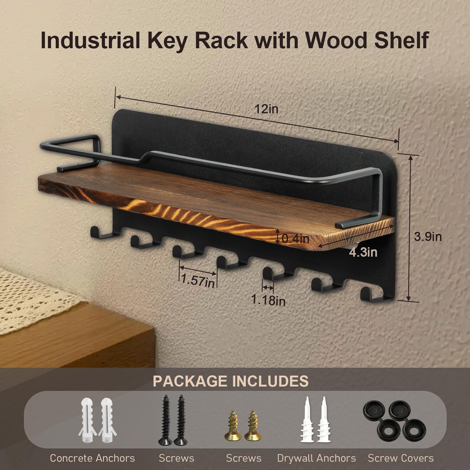 Key Holder for Wall with Floating Shelf Black