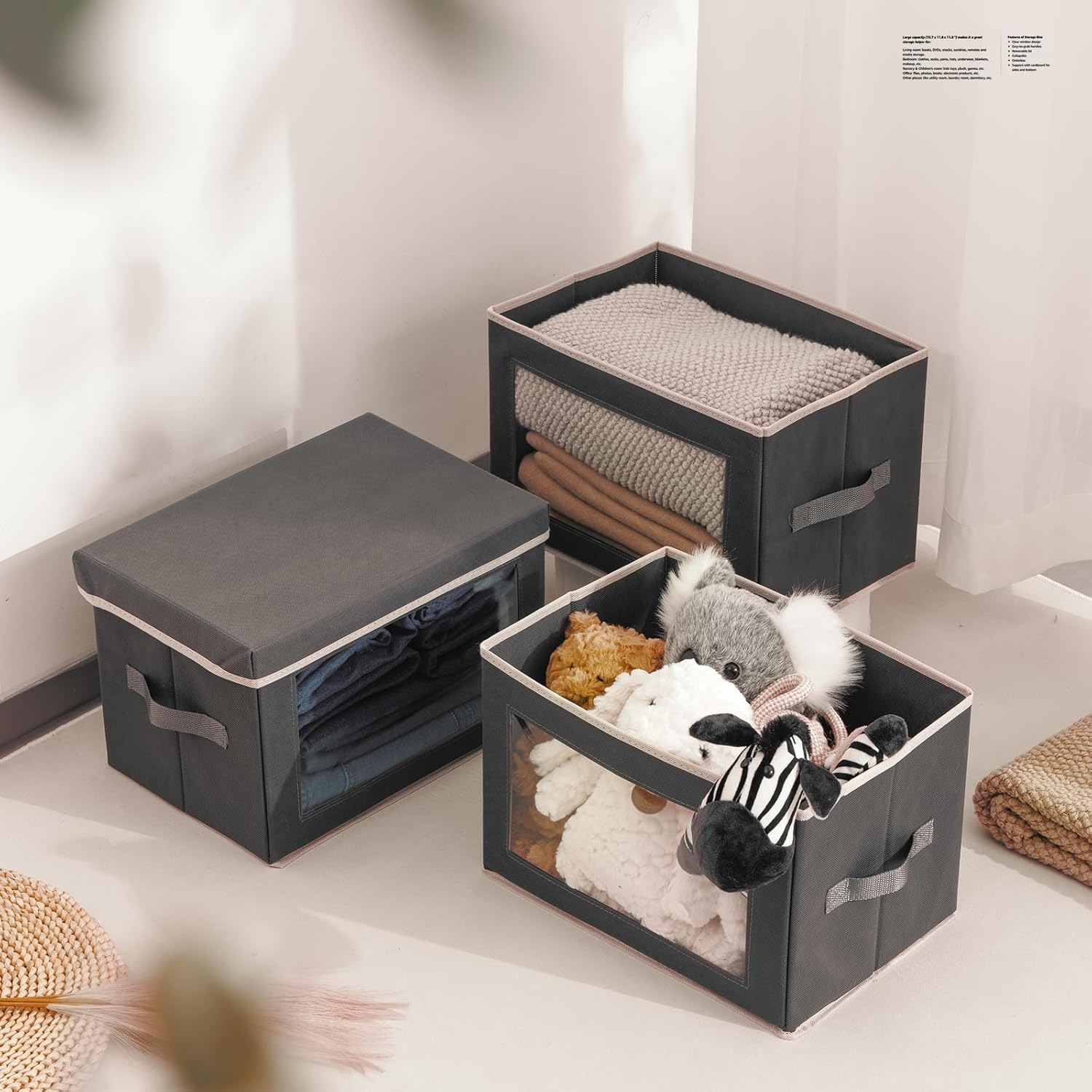 3 Pack Storage Bins with Lids - Grey