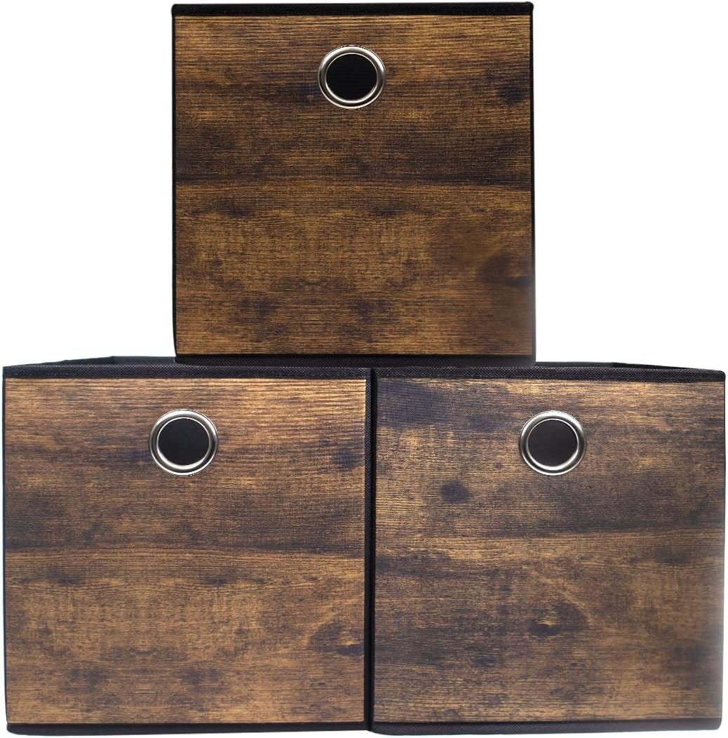 Thickened Fabric Storage Bins with Wood Grain 3 Pack