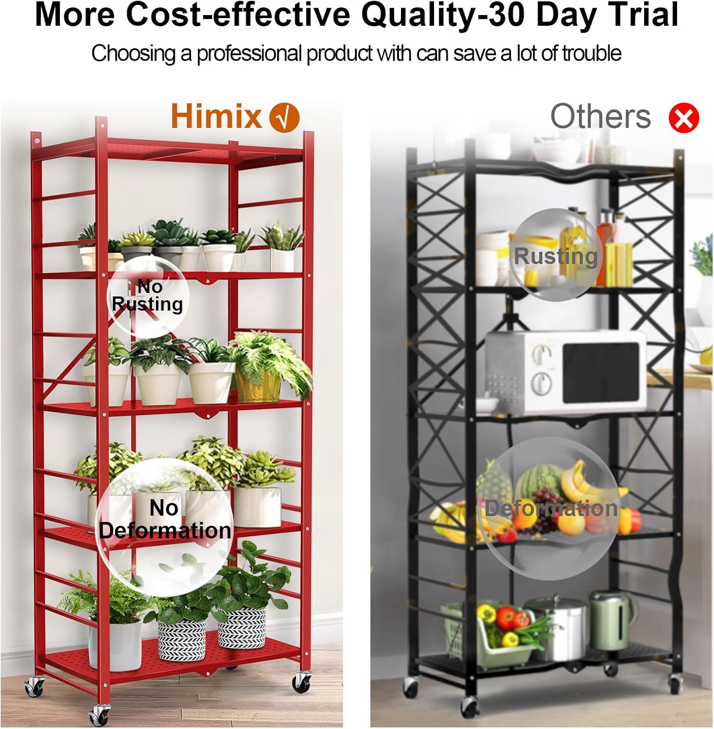 Himix 5-Tier Foldable Storage Shelves with 20 Hooks Red
