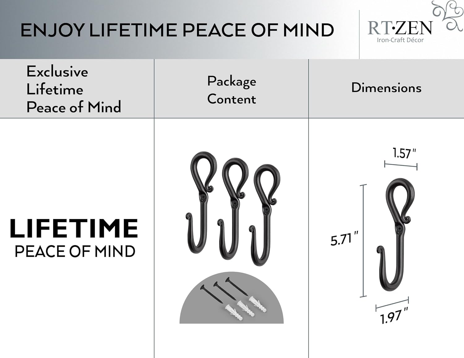 RTZEN Wall Mount Hook Set - 3 Pack Wrought Iron Hooks 1