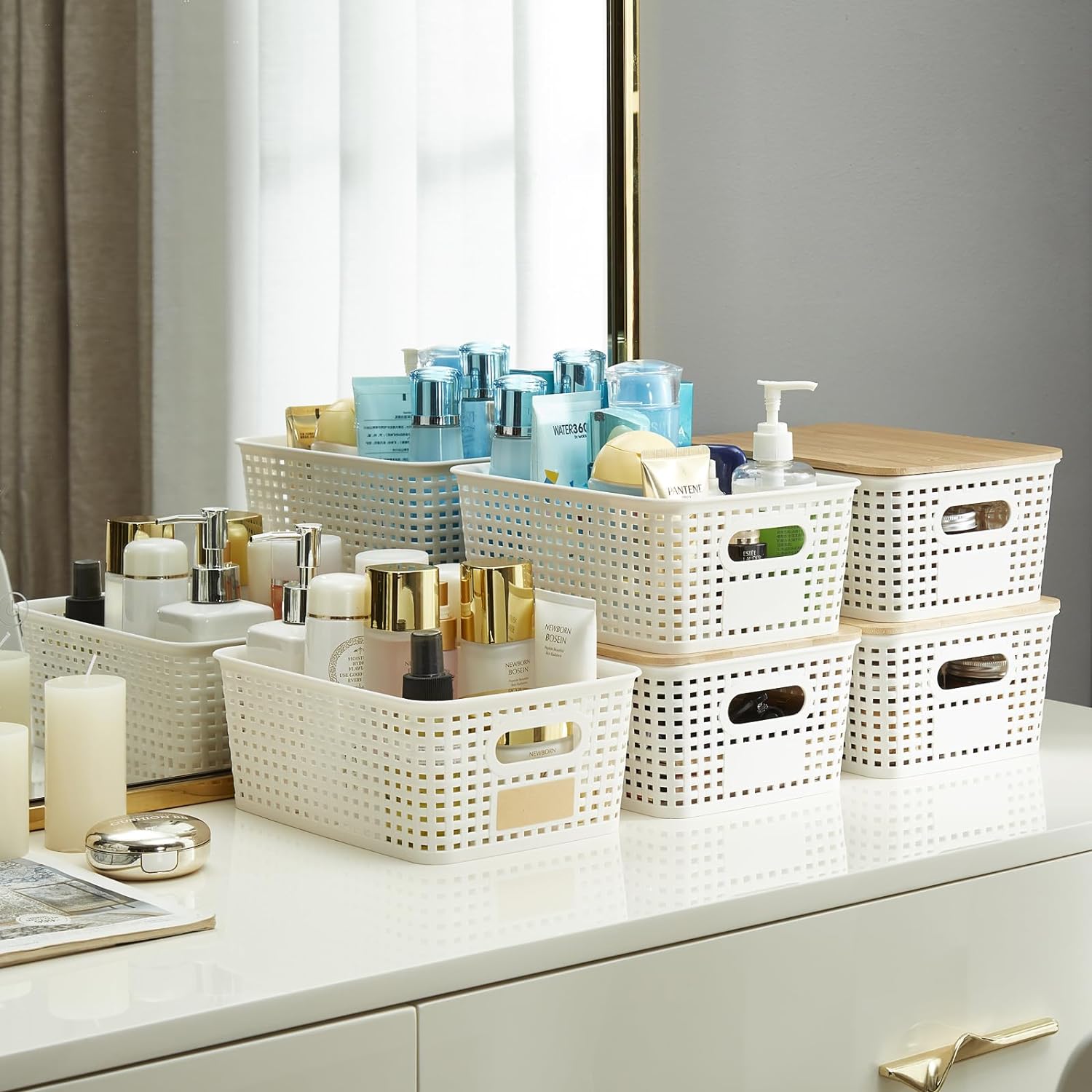 Small Plastic Storage Bins with Bamboo Lids 52Qt Stackable Organizers