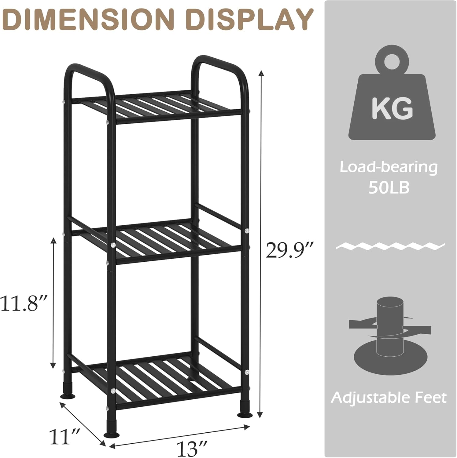 3 Tier Narrow Bathroom Shelf Unit Matte Black Metal Storage Rack for Kitchen Living Room