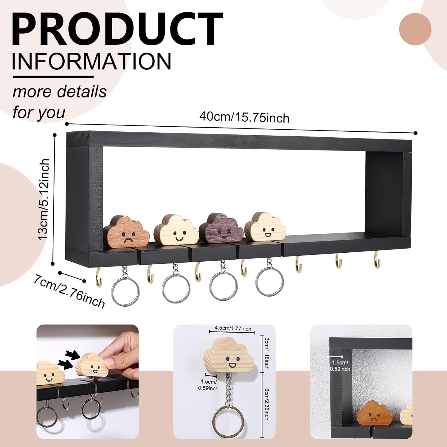 MOFASVIGI Wall Mount Key Holder with 4 Cloud Key Chains and 7 Hooks