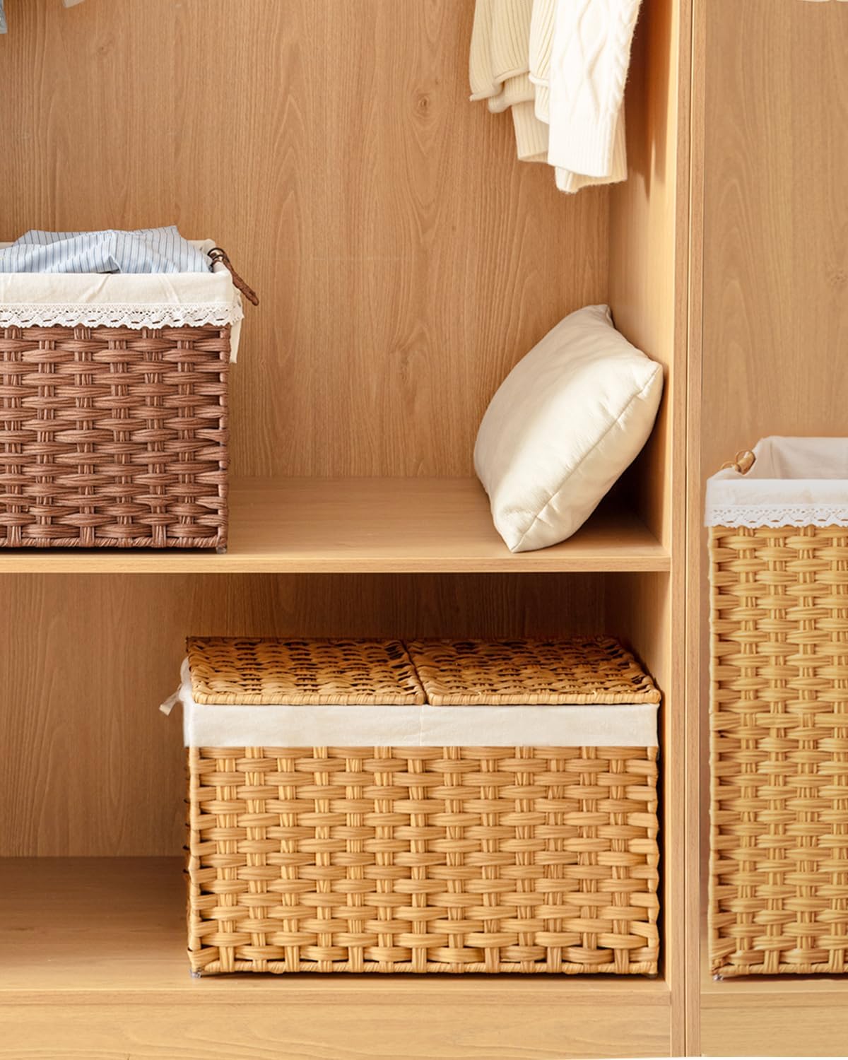 Storage Basket with Lid Rattan Woven 2 Lids 172 Gallon Foldable