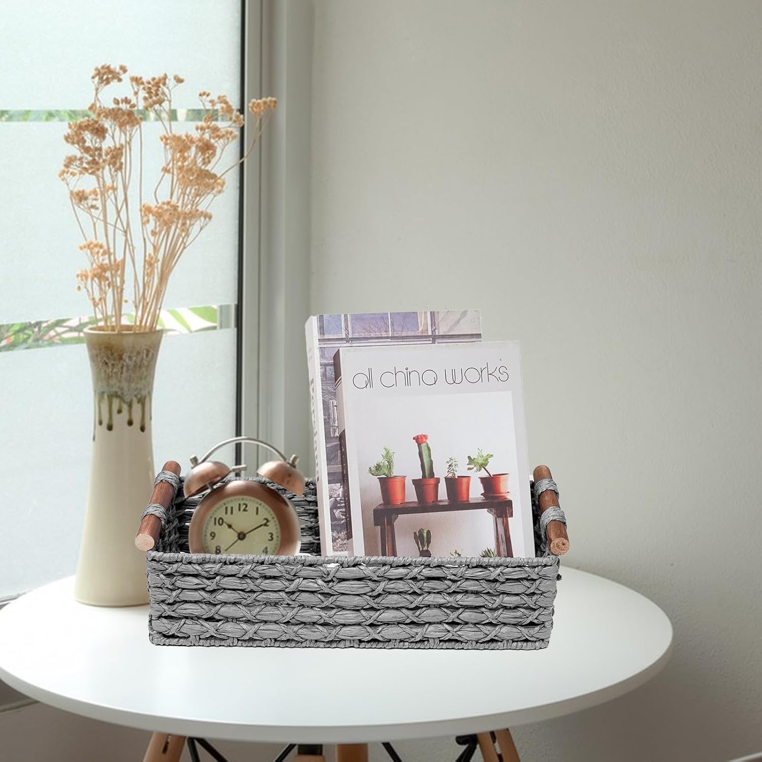 Handmade Wicker Storage Basket with Handle - Light Grey