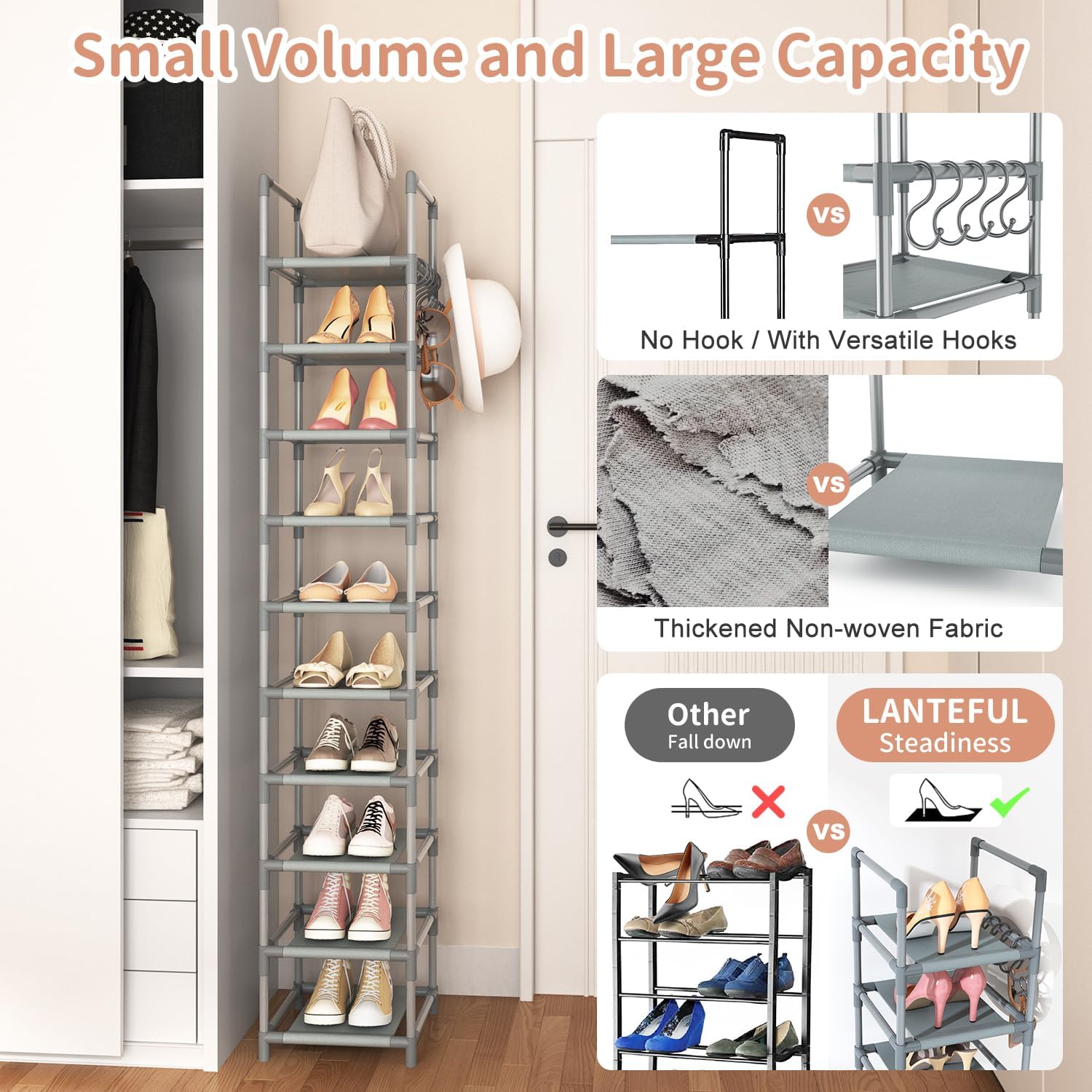 LANTEFUL 10-Tier Narrow Shoe Rack for 10-15 Pairs Space Saving Grey Organizer