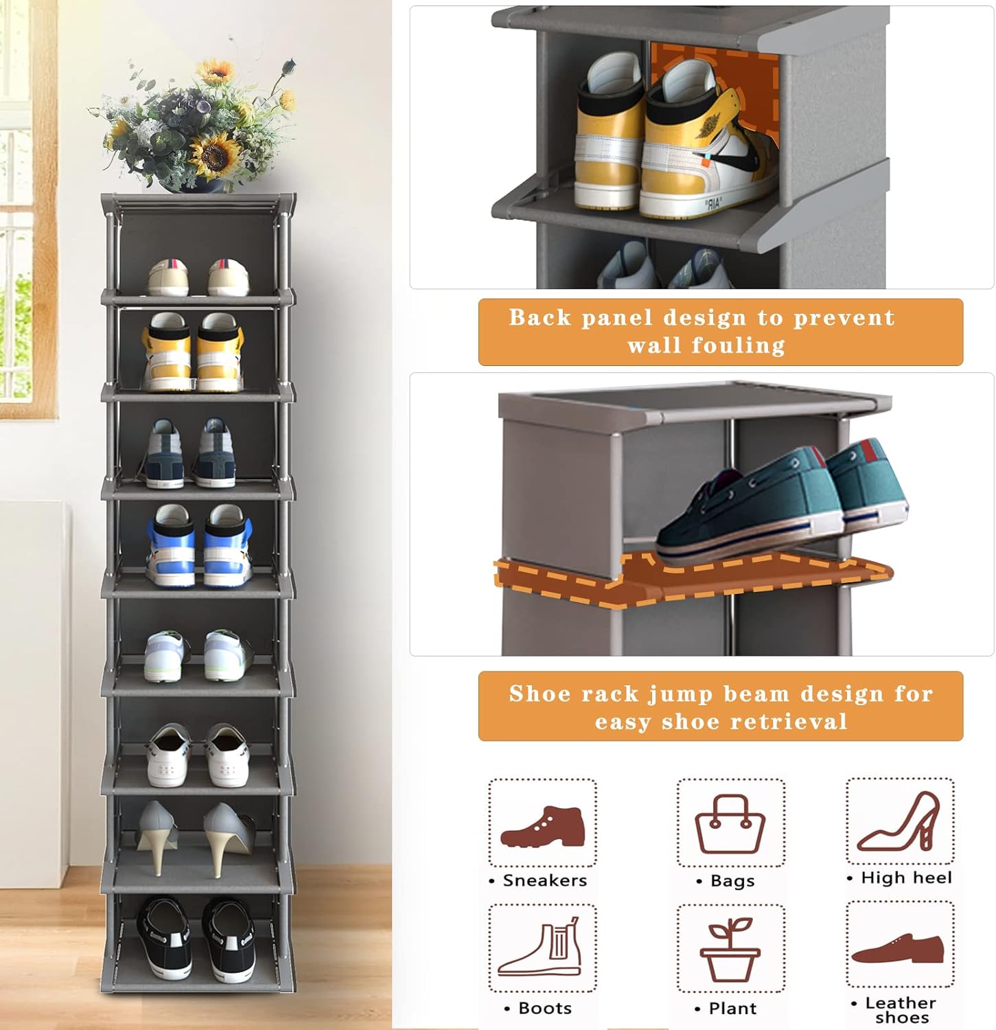 AFOORD Narrow 8 Tier Shoe Rack Tower Organizer