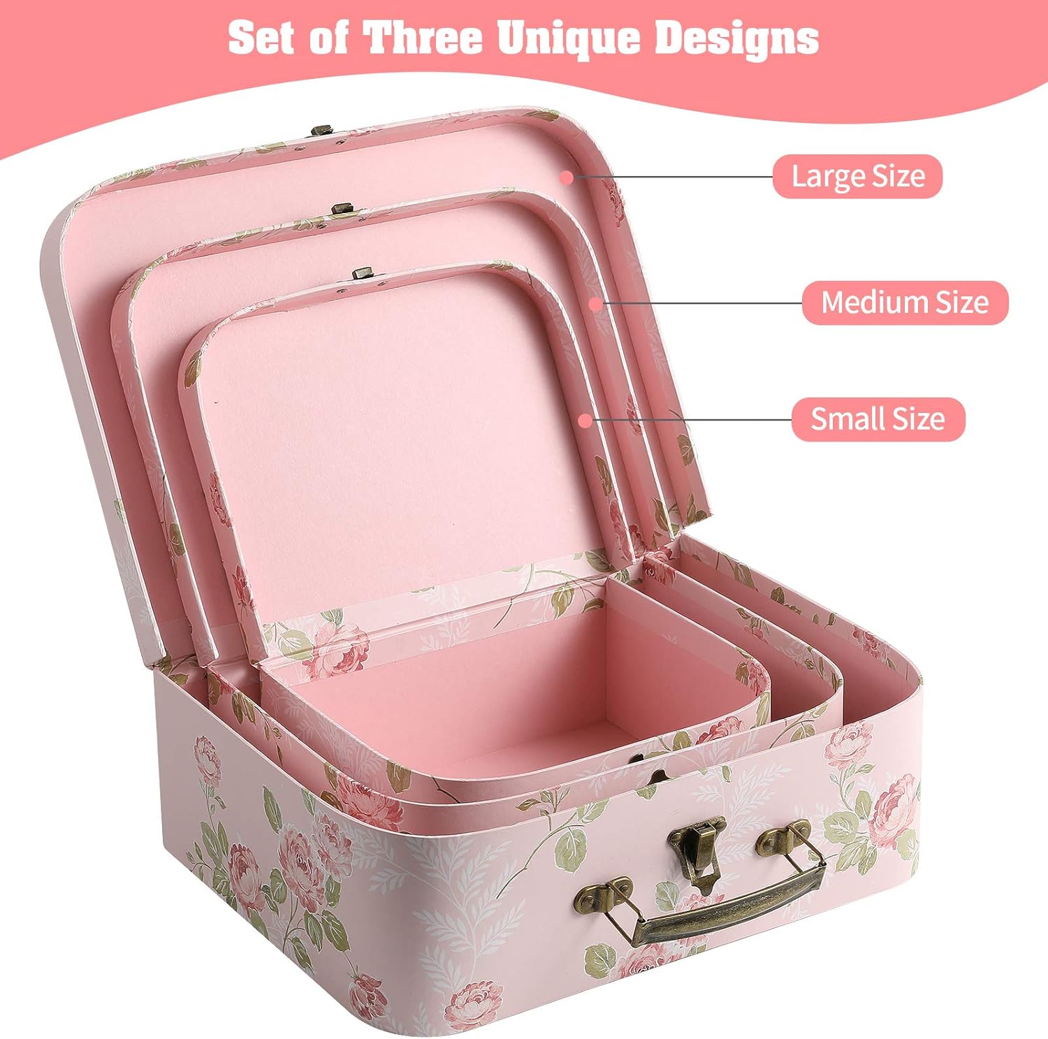 Set of 3 Decorative Storage Boxes With Lids for Home Decor and Gift Storage Pink Flowers Design