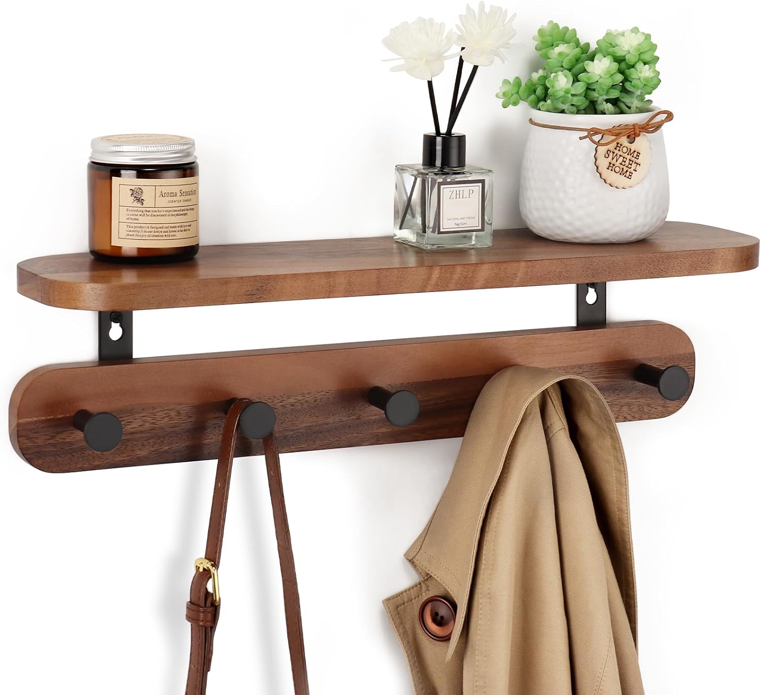 Walnut Wall Shelf with 5 Hooks for Entryway Storage