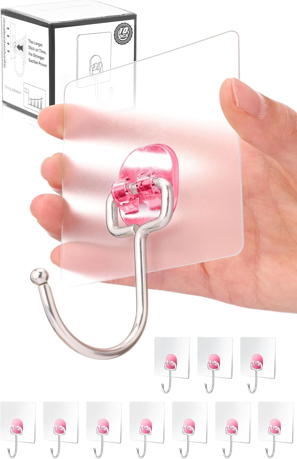 Antimbee 10-Pack Heavy Duty Adhesive Hooks 37 lb Max Transparent Pink