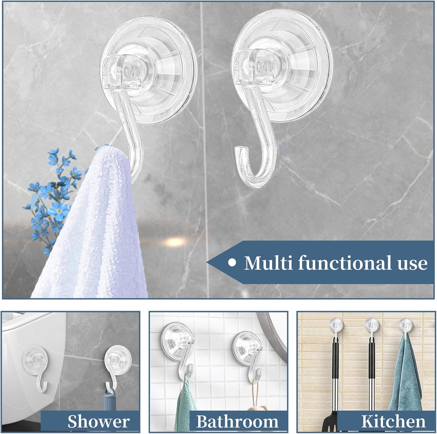 Suction Cup Hooks 4 Pack Reusable and Powerful for Shower and Kitchen Use