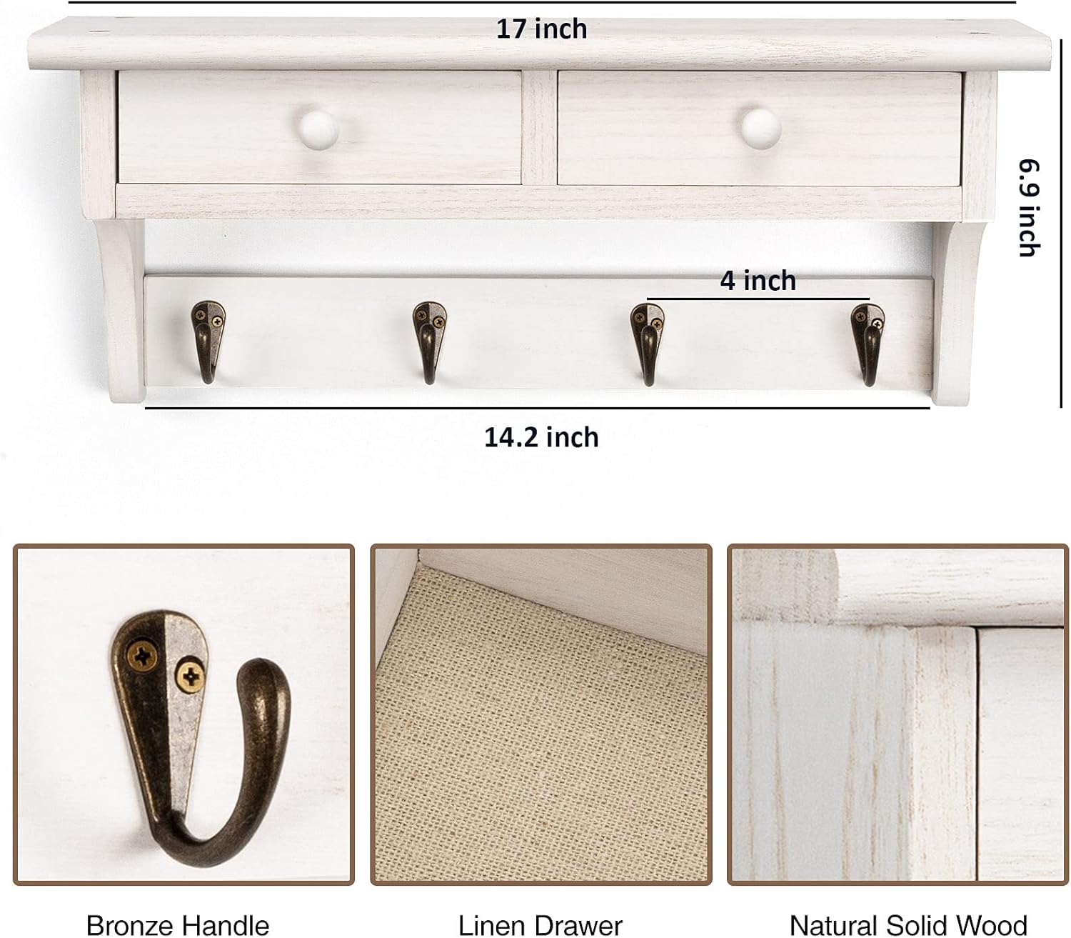 Emfogo Rustic Wood Coat Hooks Wall Mount Shelf