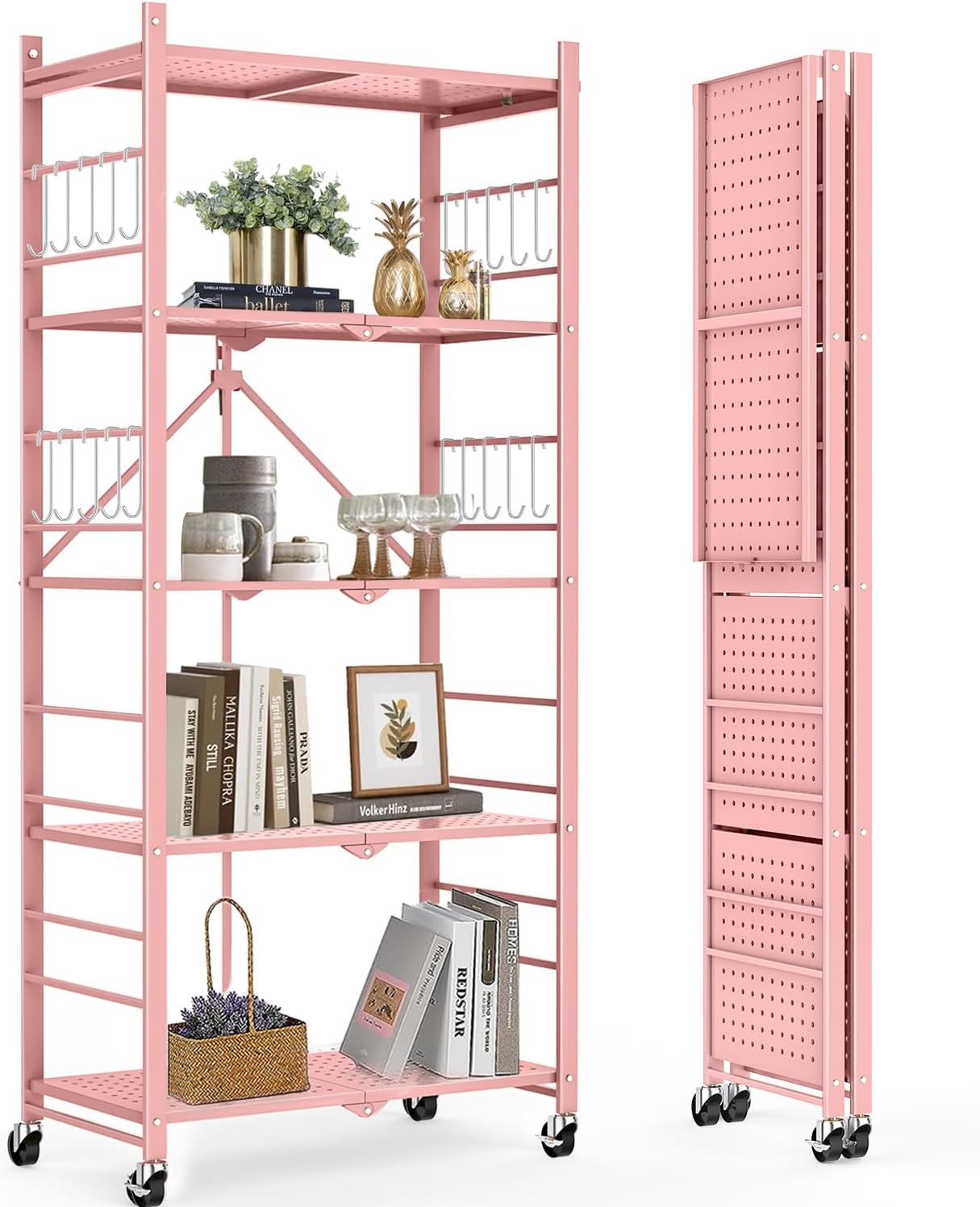5-Tier Metal Storage Shelves with 20 Hooks and Wheels