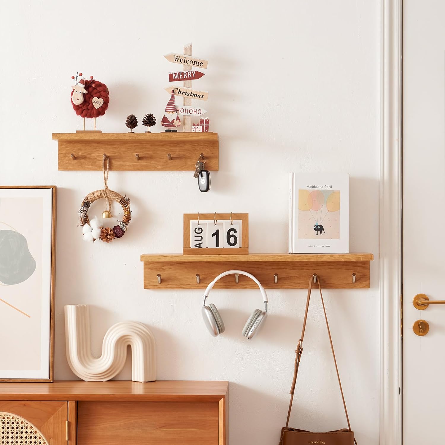 Oak Wood Coat Rack Wall Mount With Shelf 5 Hooks