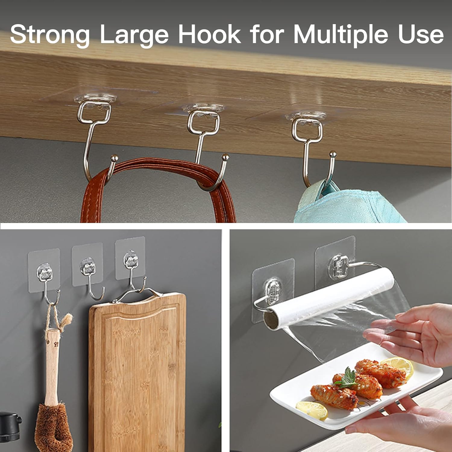 Heavy-Duty 44Lb Wall Hooks 10 Pack Clear Adhesive Removable
