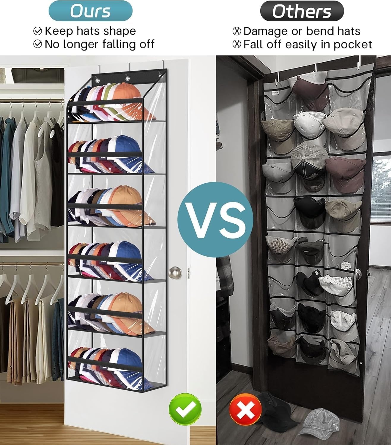 AOODA Clear Over The Door Hat Racks for Baseball Caps 72 Caps Storage Organizer 3 Hooks Black