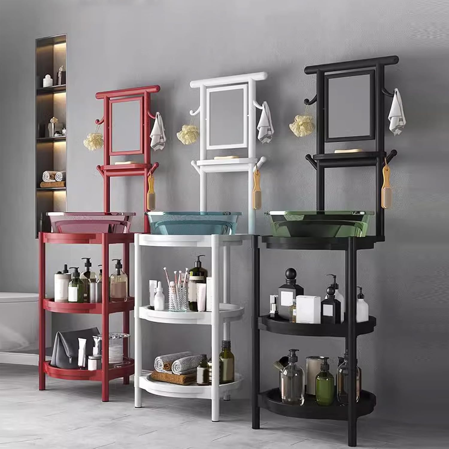 Round Square Bathroom Storage Shelf with Rotatable Mirror