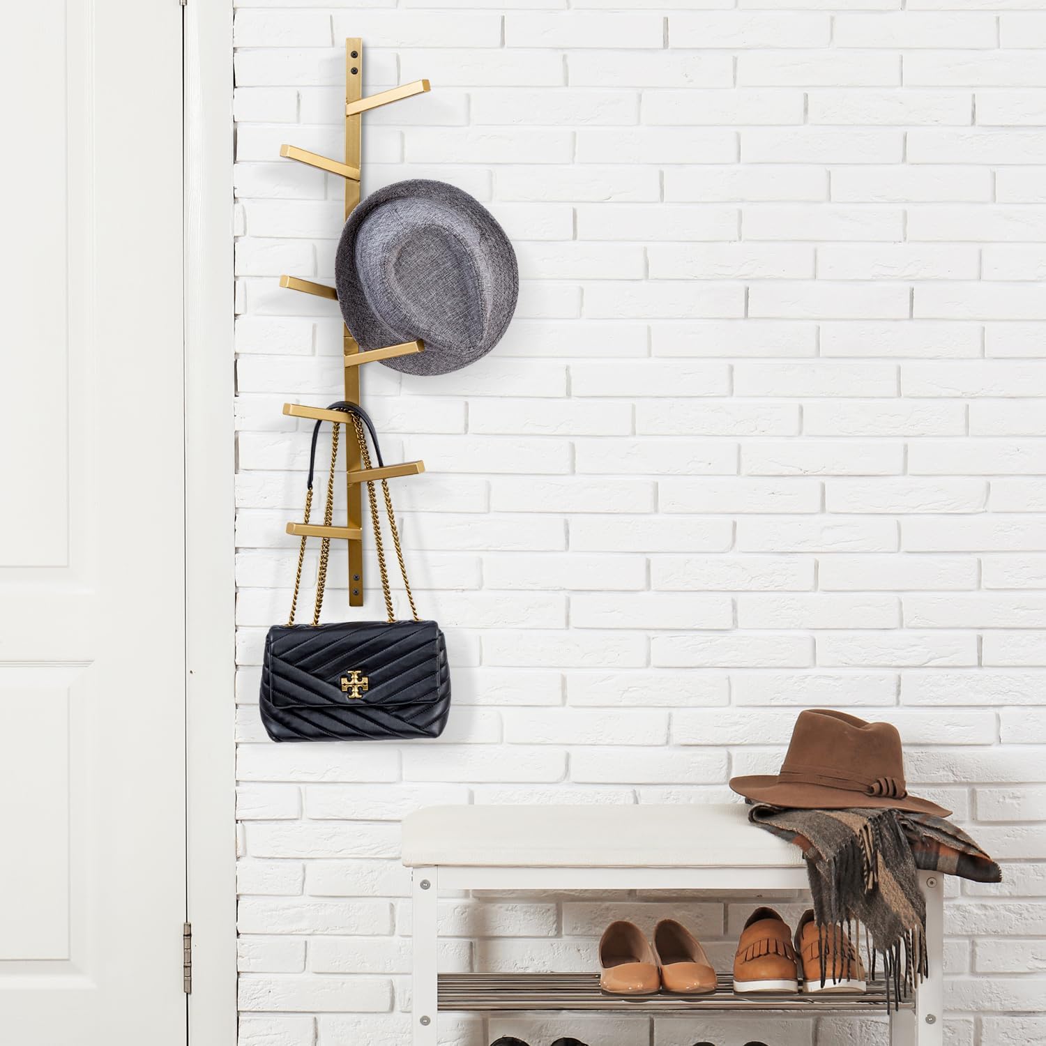 MyGift 8 Hook Vintage Gold Tone Metal Wall Mounted Hat and Coat Hanger Tree