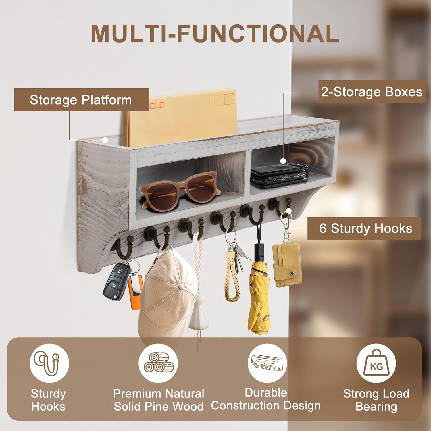 Key Holder Wall Mount with 6 Hooks and Storage Box