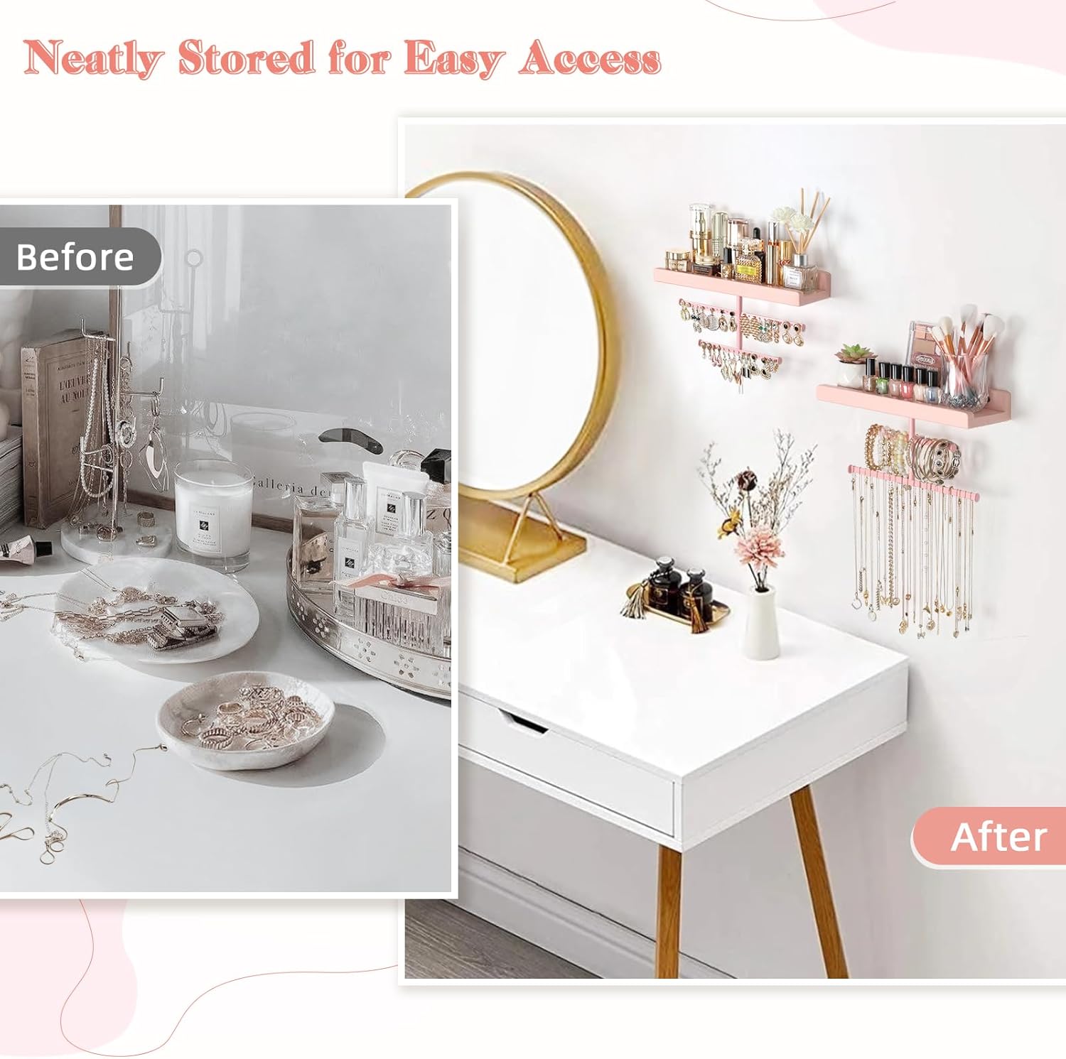 Keebofly Wall Mounted Jewelry Organizer with Wooden Shelf