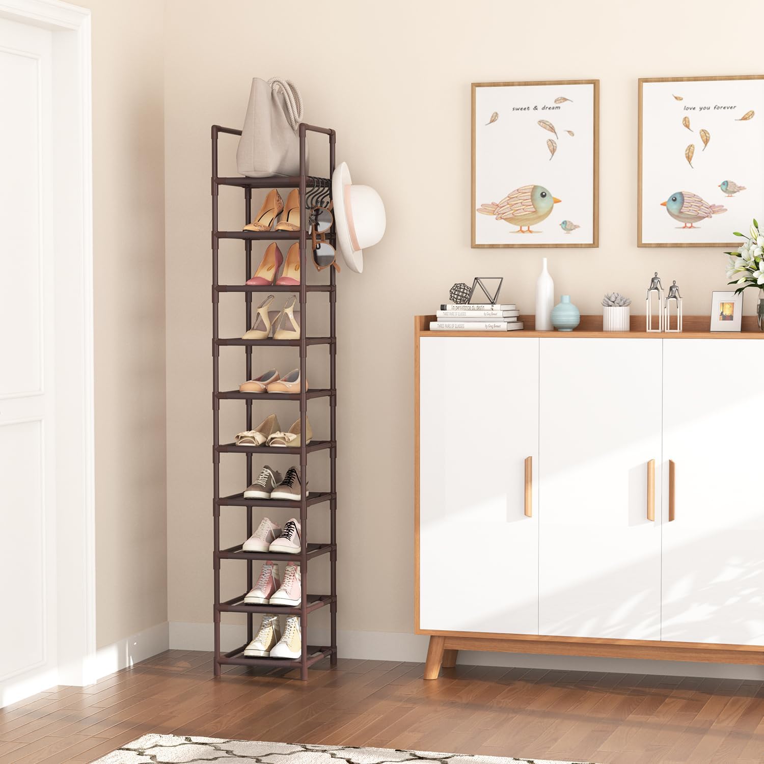 LANTEFUL 10-Tier Tall Narrow Shoe Rack Storage Organizer for Closets Entryways Dorms Brown