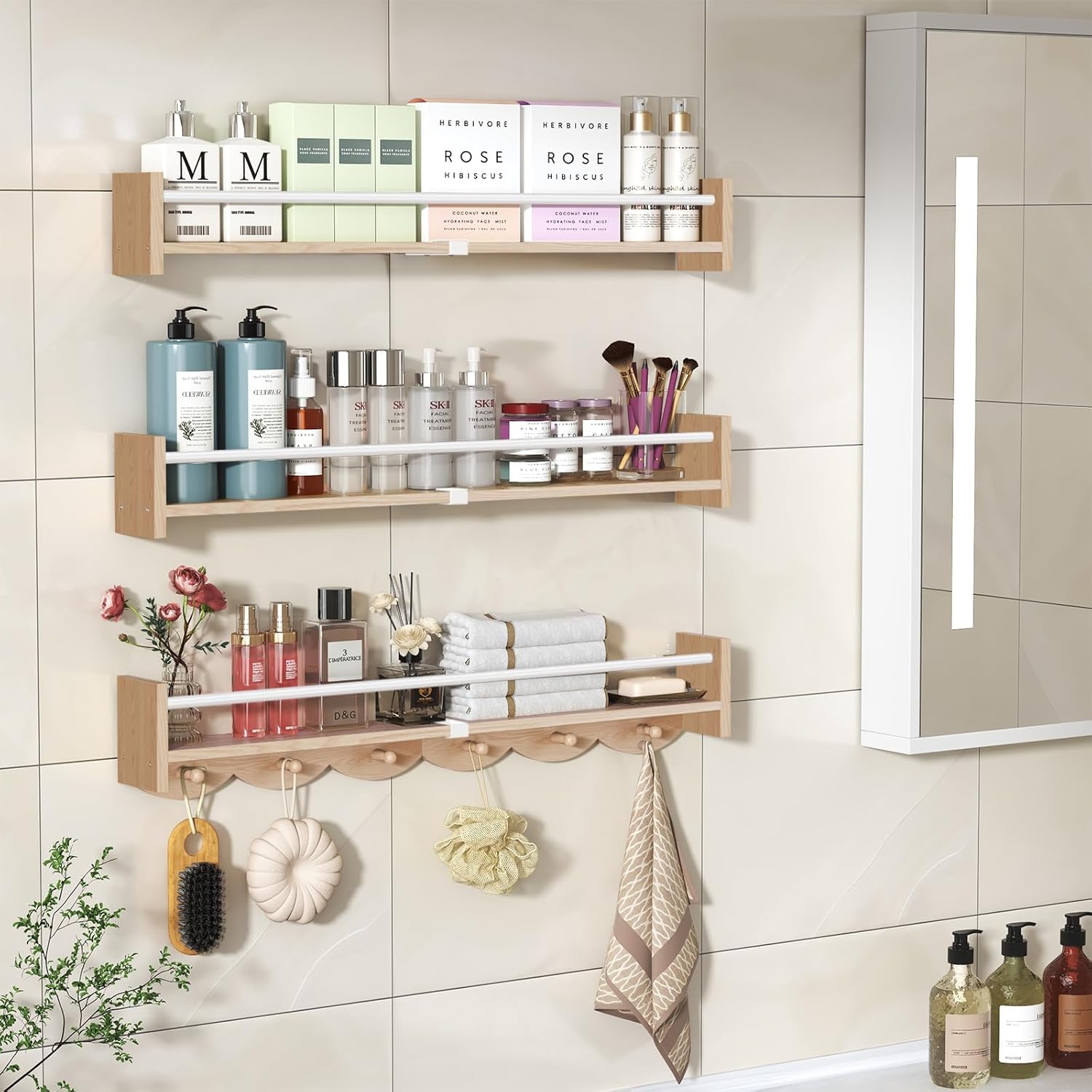 34 Inch Wall Mounted Bookshelf with 6 Hooks Set of 3