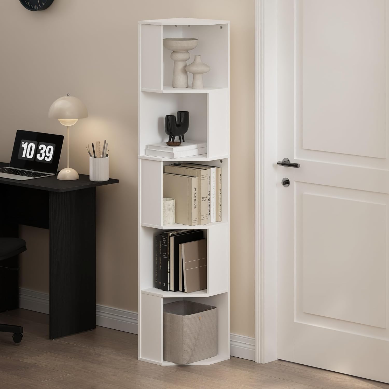Furinno Econ 5-Tier Freestanding Corner Bookcase White